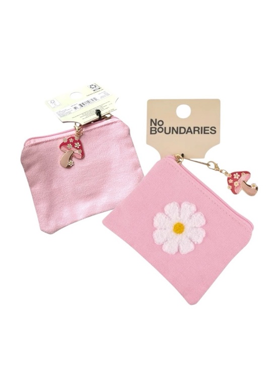 No Boundaries Accessories - Pink Daisy Coin Pouch with Mushroom Charm Keychain